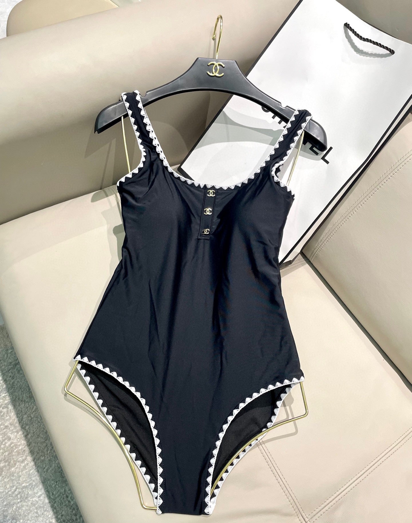 CHANEL BIKINI SWIMSUIT SET IN BLACK AND WHITE TRIM 622173