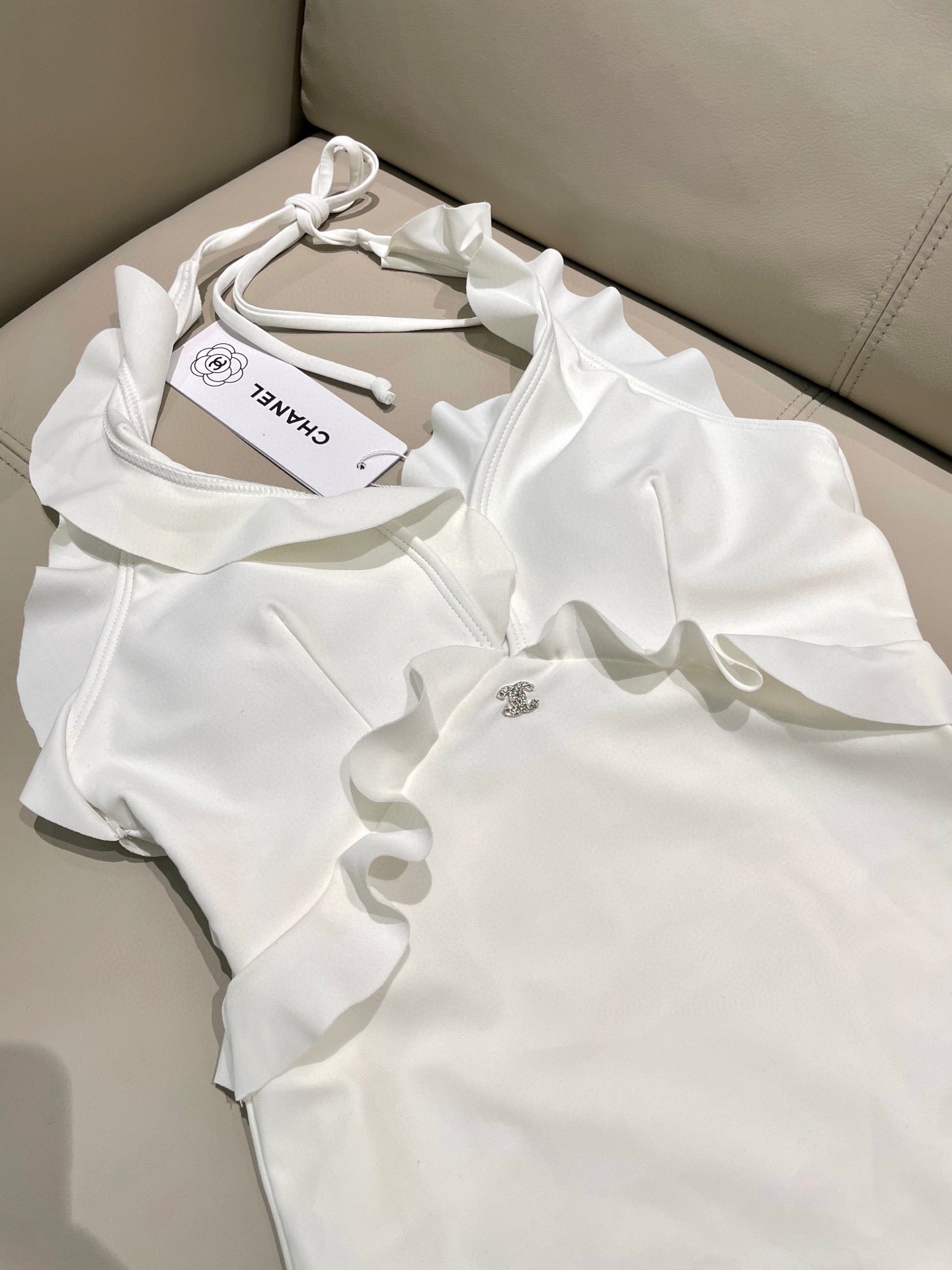 CHANEL BIKINI SWIMSUIT SET WHITE AND RUFFLED TRIM 622179