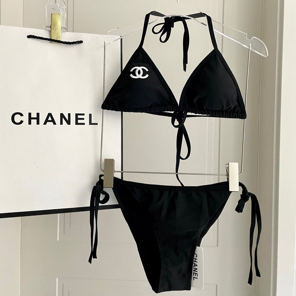 CHANEL BIKINI SWIMSUIT SET IN BLACK EMBROIDERED LOGO 624564