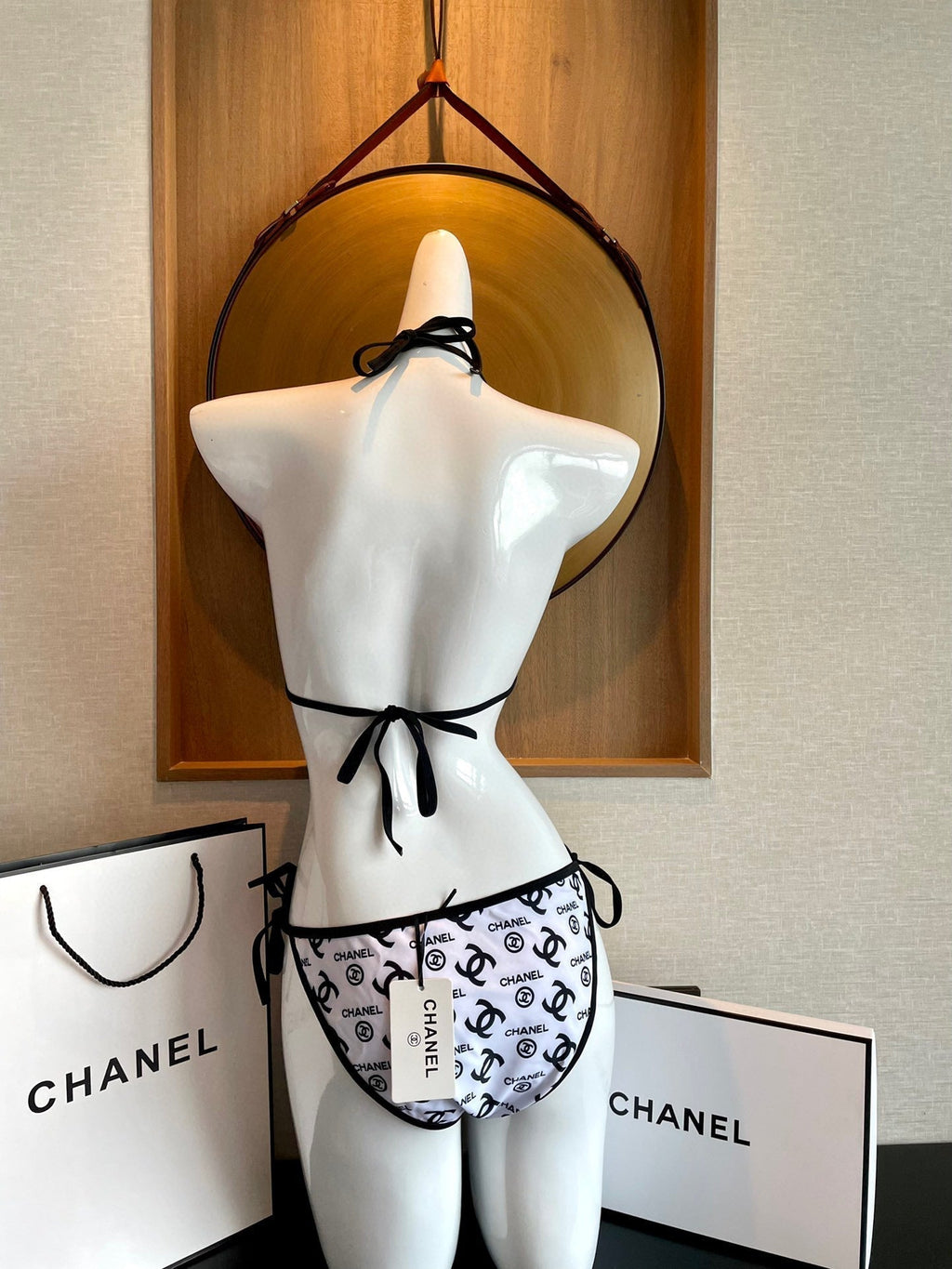 CHANEL BIKINI SWIMSUIT IN WHITE AND BLACK LOGO PRINTED 627826