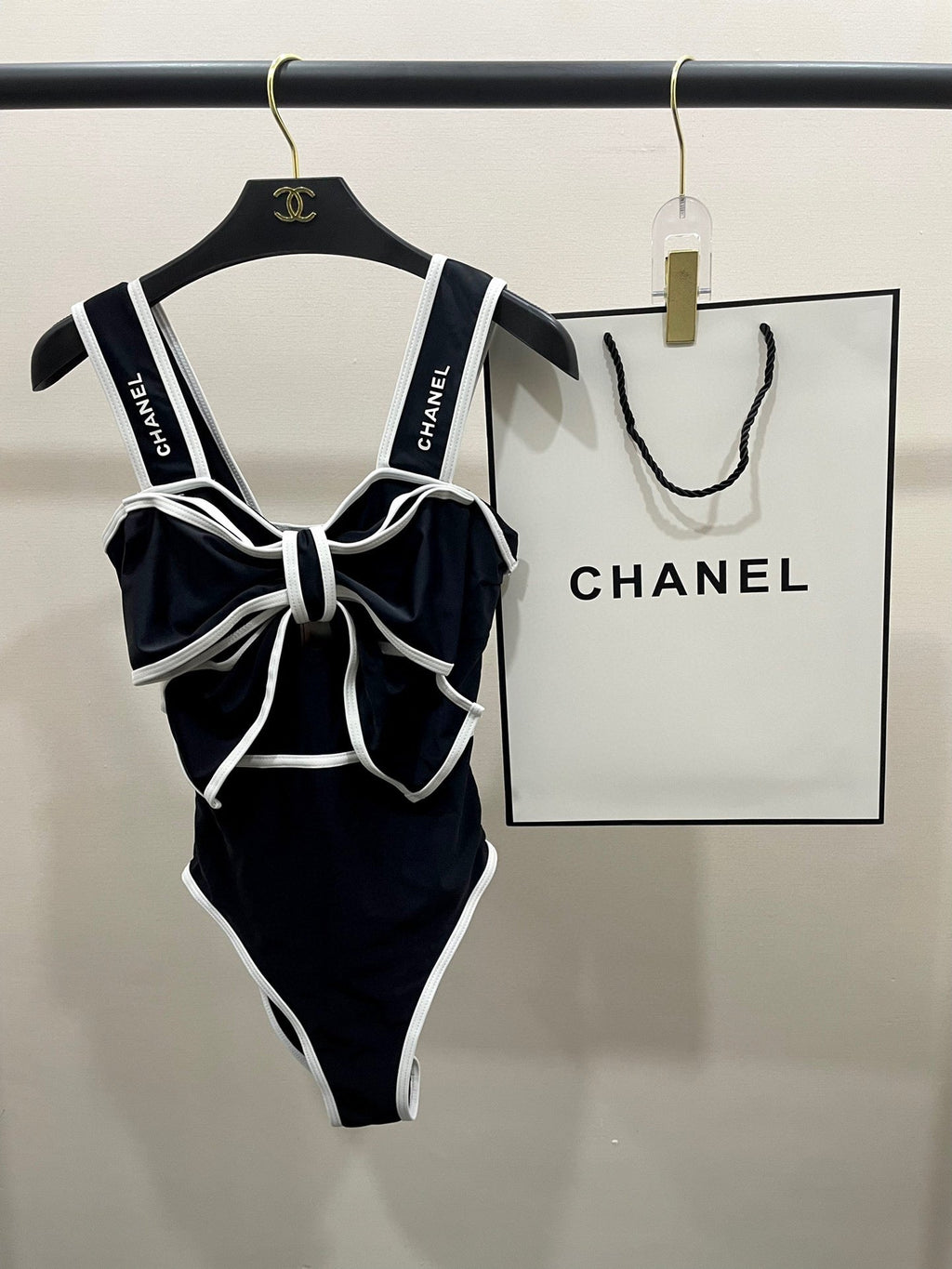 CHANEL BODYSUIT SWIMSUIT IN BLACK AND WHITE TRIM 627829