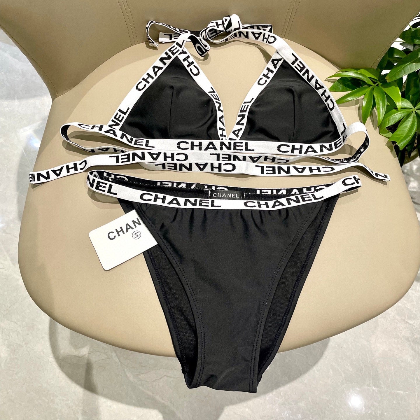 CHANEL BIKINI SWIMSUIT SET IN BLACK WITH WHITE TRIM 627832