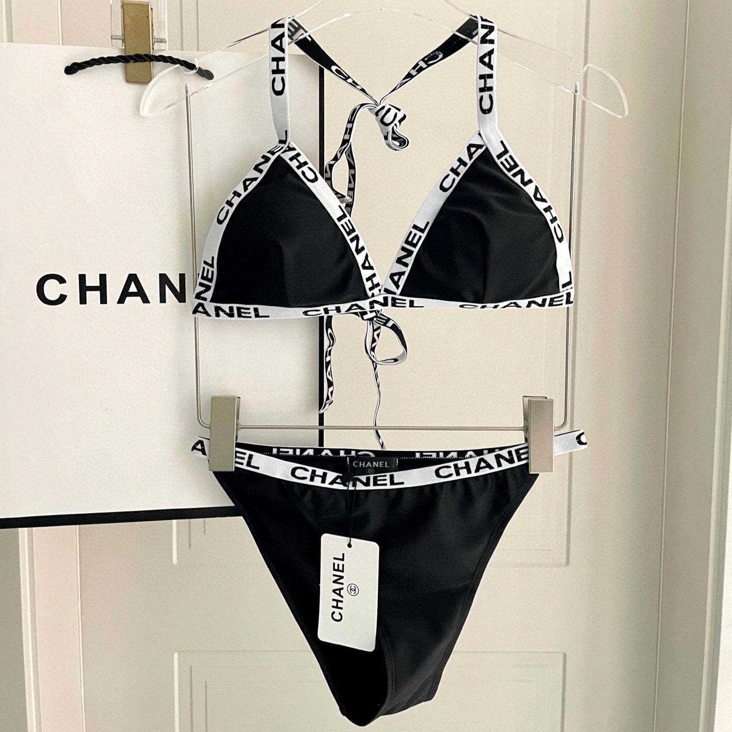 CHANEL BIKINI SWIMSUIT SET IN BLACK WITH WHITE TRIM 627832