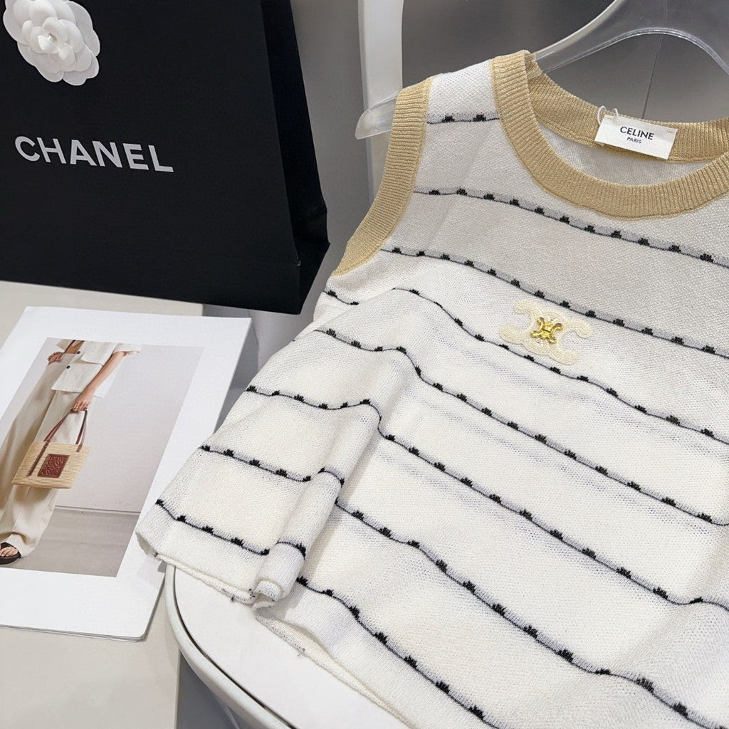CELINE STRIPED TANK TOP 615178 IN WHITE COTTON RIBBED BEIGE TRIM