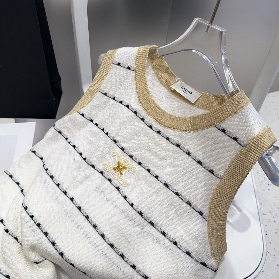 CELINE STRIPED TANK TOP 615178 IN WHITE COTTON RIBBED BEIGE TRIM