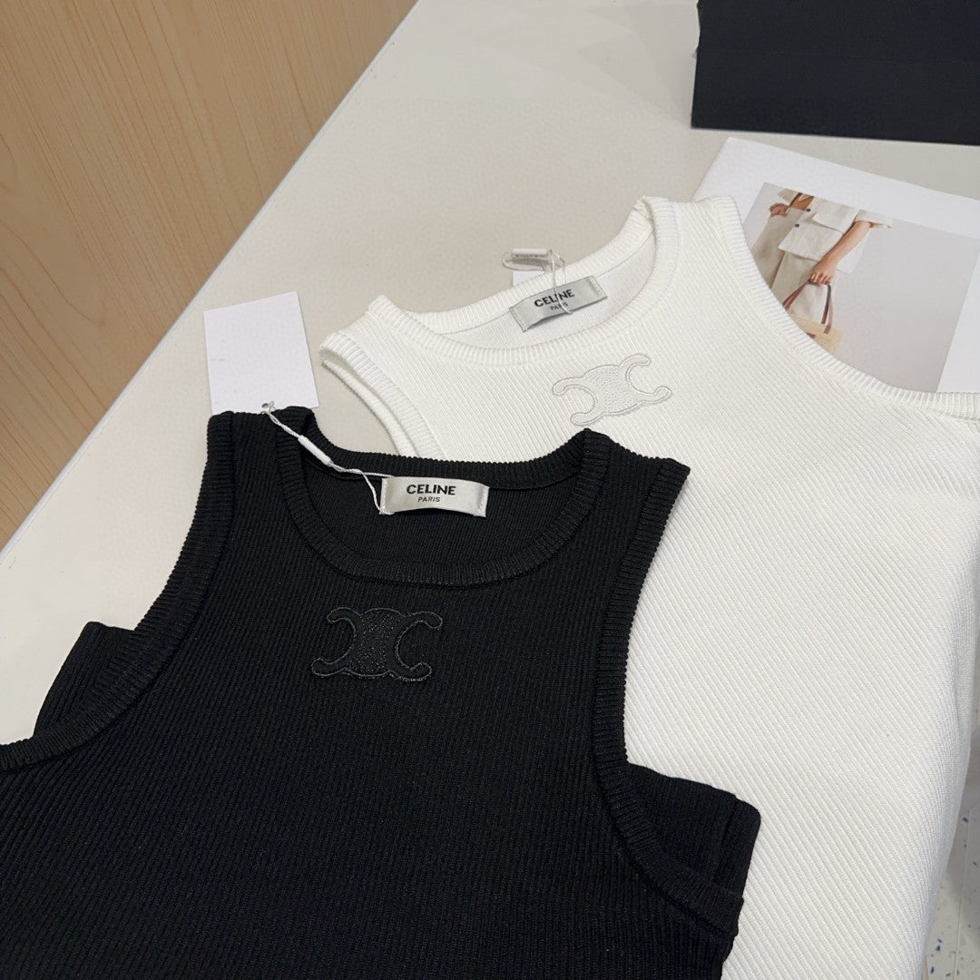 CELINE TANK TOP 633206 IN WHITE COTTON RIBBED KNIT EMBOSSED LOGO
