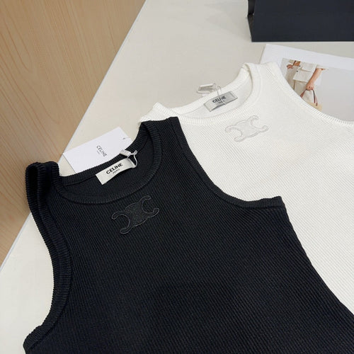 CELINE TANK TOP 633207 IN BLACK COTTON RIBBED KNIT EMBOSSED LOGO