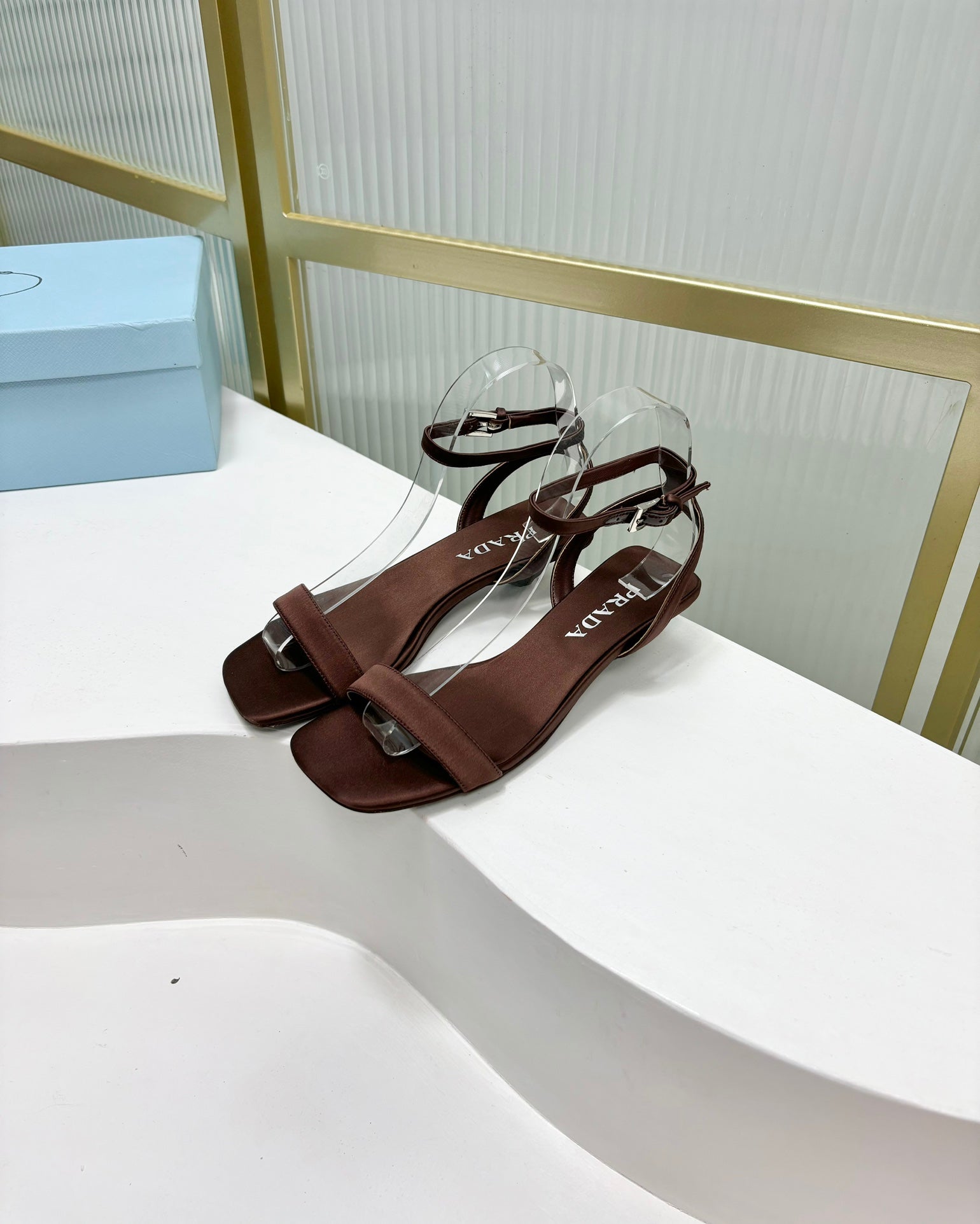 PRADA TRIANGLE HEEL SATIN SANLS BROWN