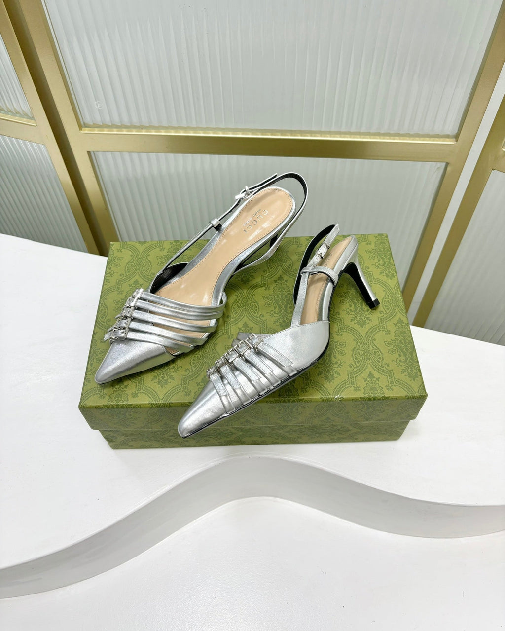 GUCCI SLINGBACK PUMP 6 CM IN SILVER GLOSSY CALFSKIN