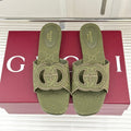 GUCCI SLIDE SANDALS IN MOSS GREEN FABRIC EMBOSSED LOGO STYLE 2