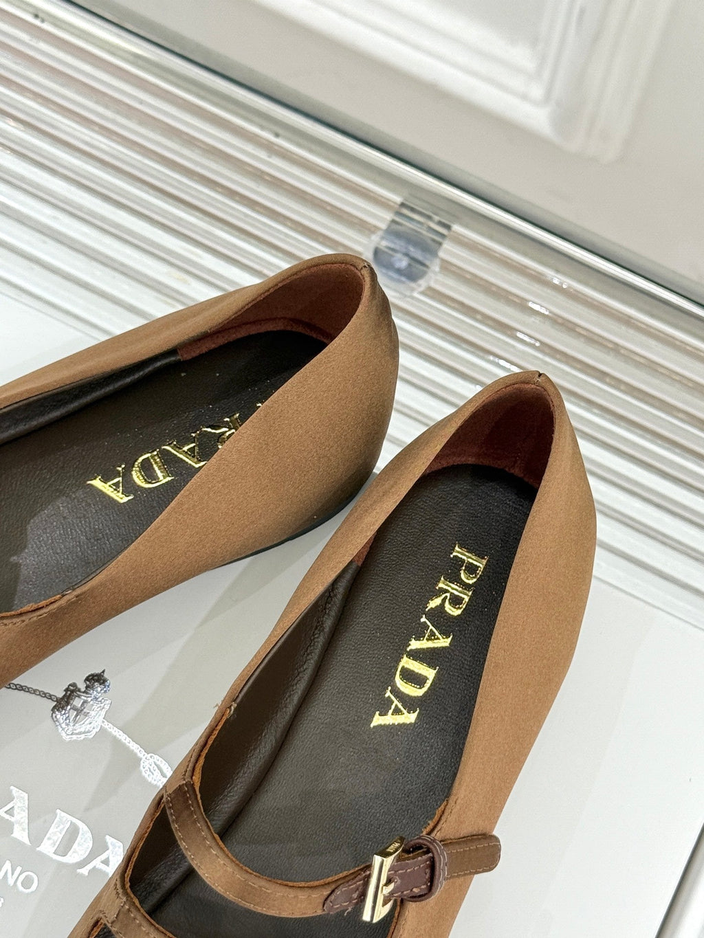 PRADA 25S DOUBLE STRAP BALLERINAS IN RK BROWN SATIN
