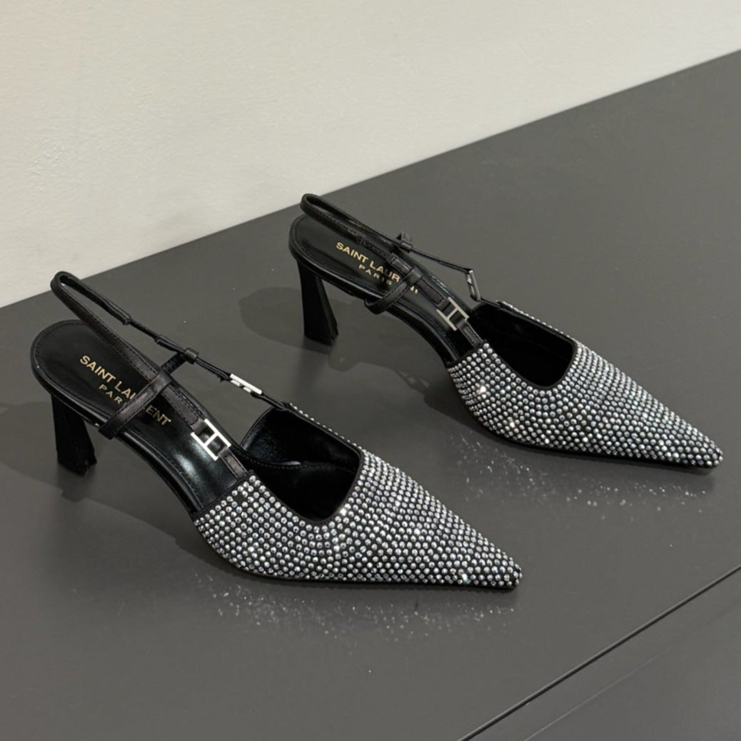 LOUIS VUITTON HIGH SLINGBACKS POINTED-TOE IN BLACK LAMBSKIN WITH SILVER CRYSTALS