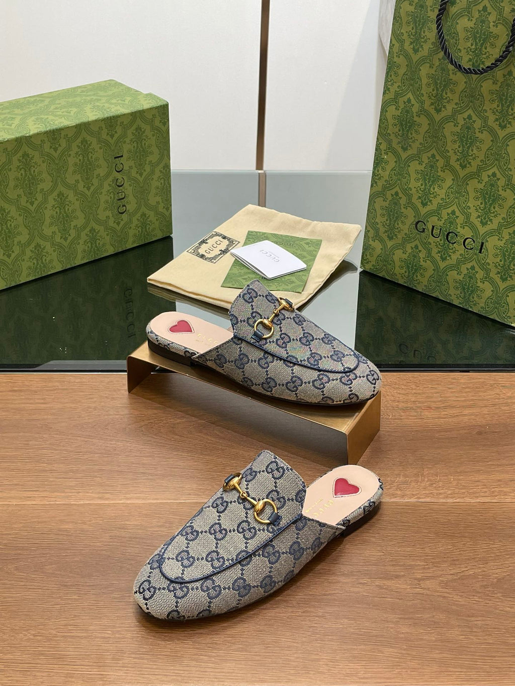 GUCCI PRINCETOWN MULES LIGHT GRAY FABRIC