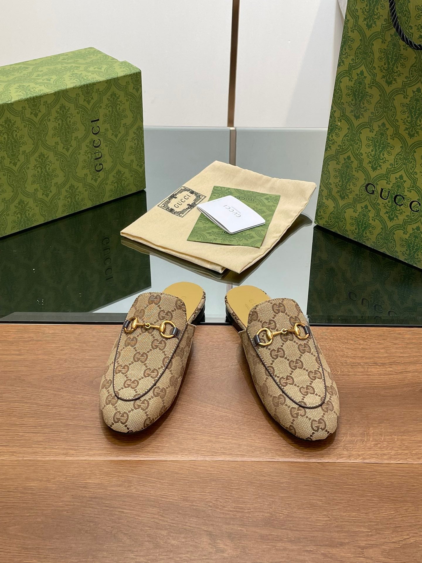 GUCCI PRINCETOWN MULES LIGHT BROWN FABRIC