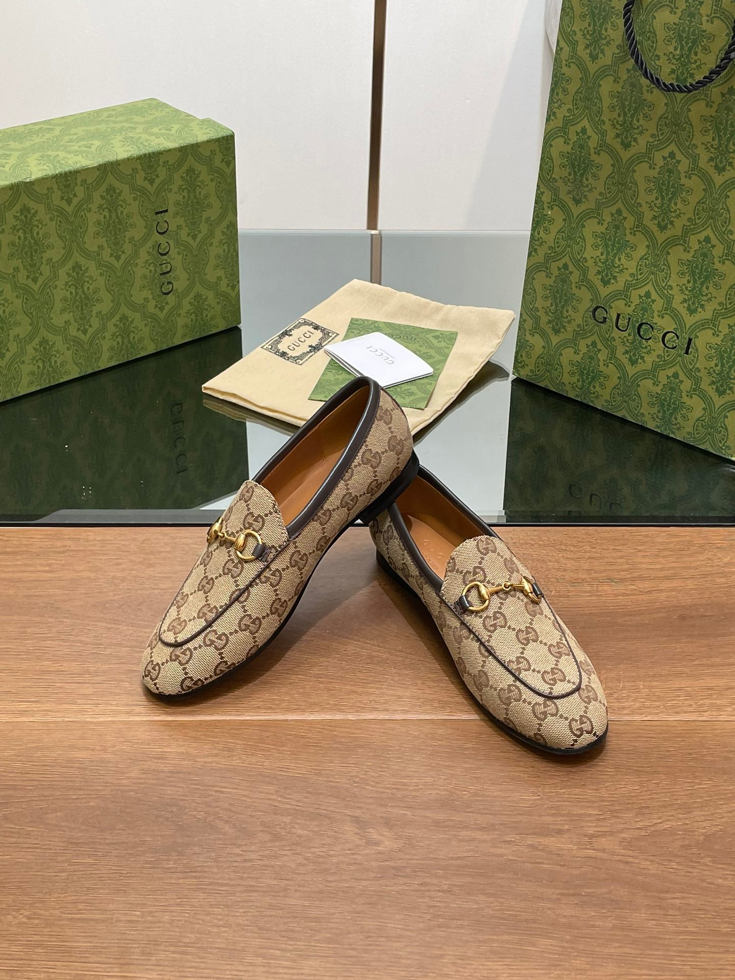 GUCCI JORDAAN LOAFER LIGHT BROWN WOVEN FABRIC