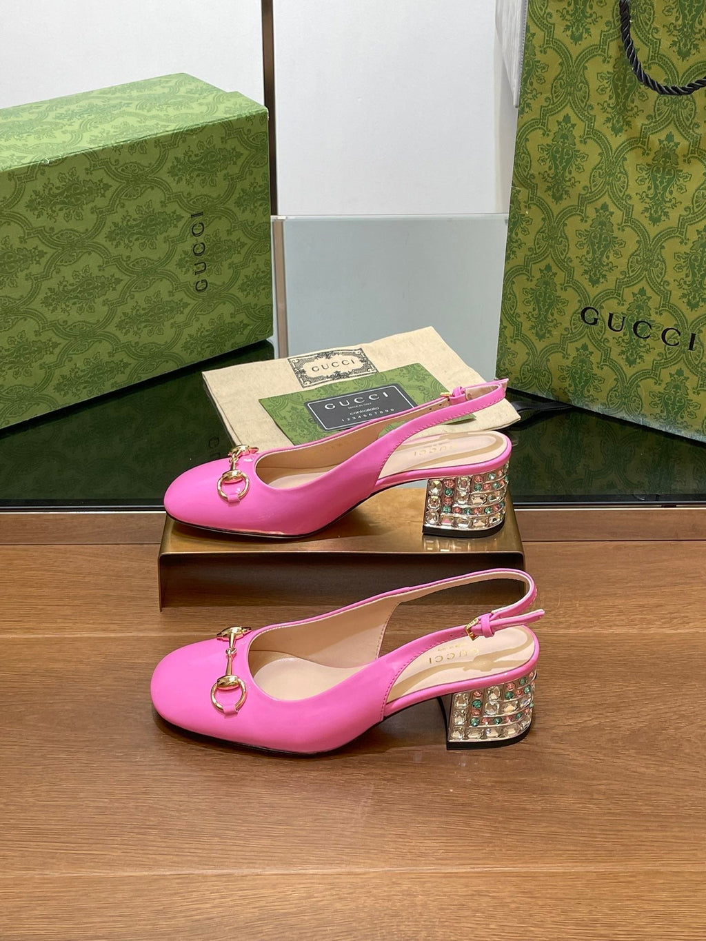 GUCCI WOMEN'S HORSEBIT SLINGBACK 55MM IN FUSCIA PINK CALFSKIN WITH RHINSTONES