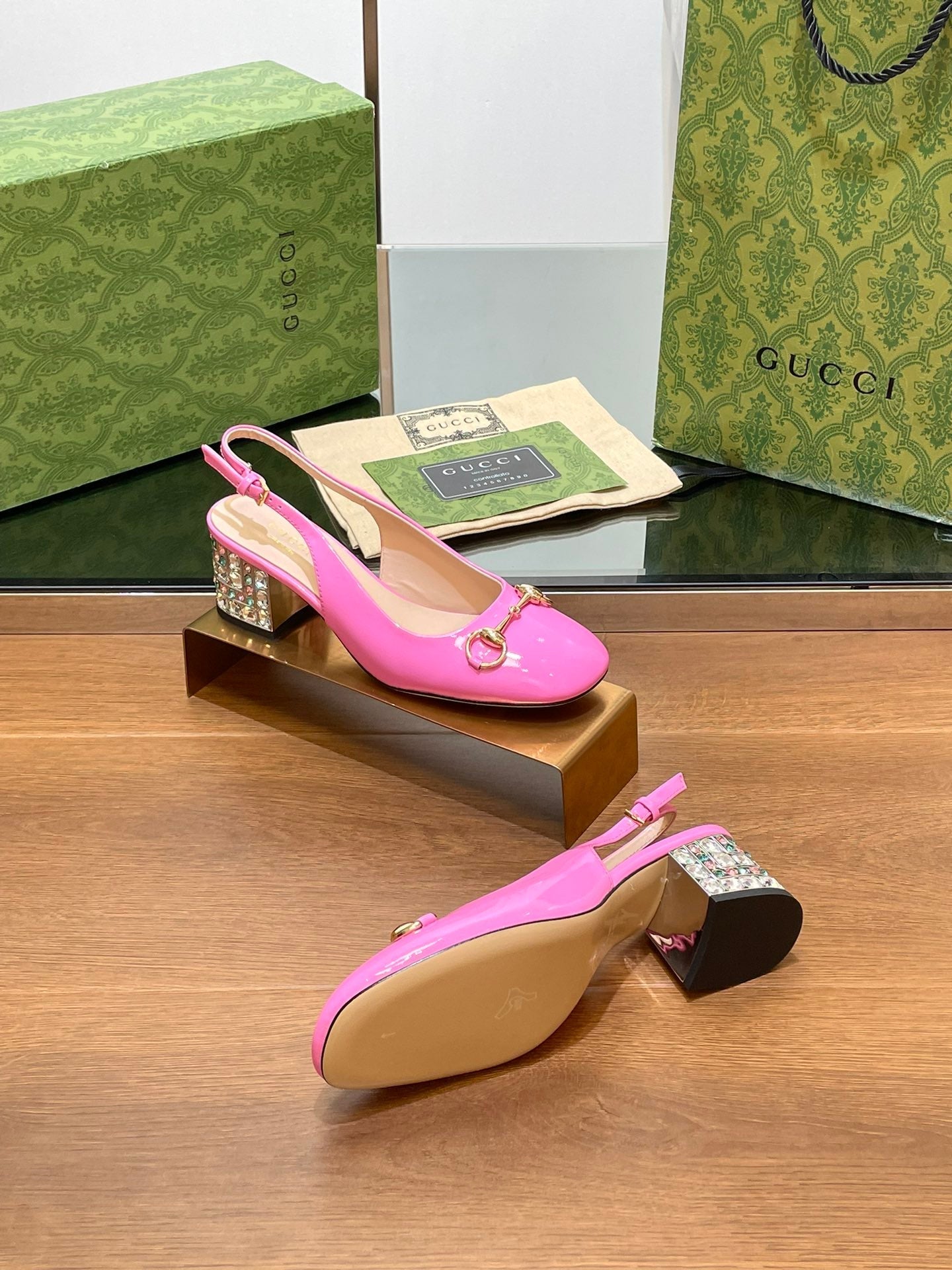 GUCCI WOMEN'S HORSEBIT SLINGBACK 55MM IN FUSCIA PINK CALFSKIN WITH RHINSTONES