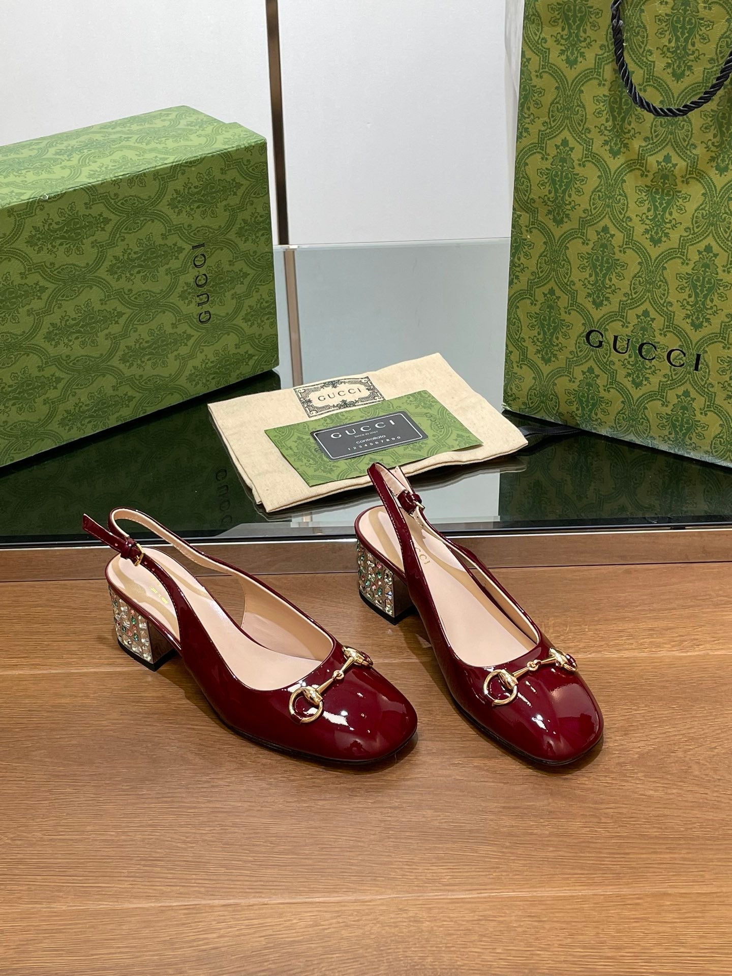 GUCCI WOMEN'S HORSEBIT SLINGBACK 55MM IN WINE RED CALFSKIN WITH RHINSTONES