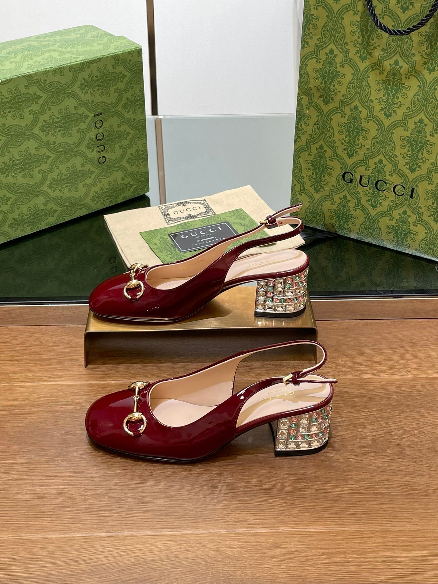 GUCCI WOMEN'S HORSEBIT SLINGBACK 55MM IN WINE RED CALFSKIN WITH RHINSTONES