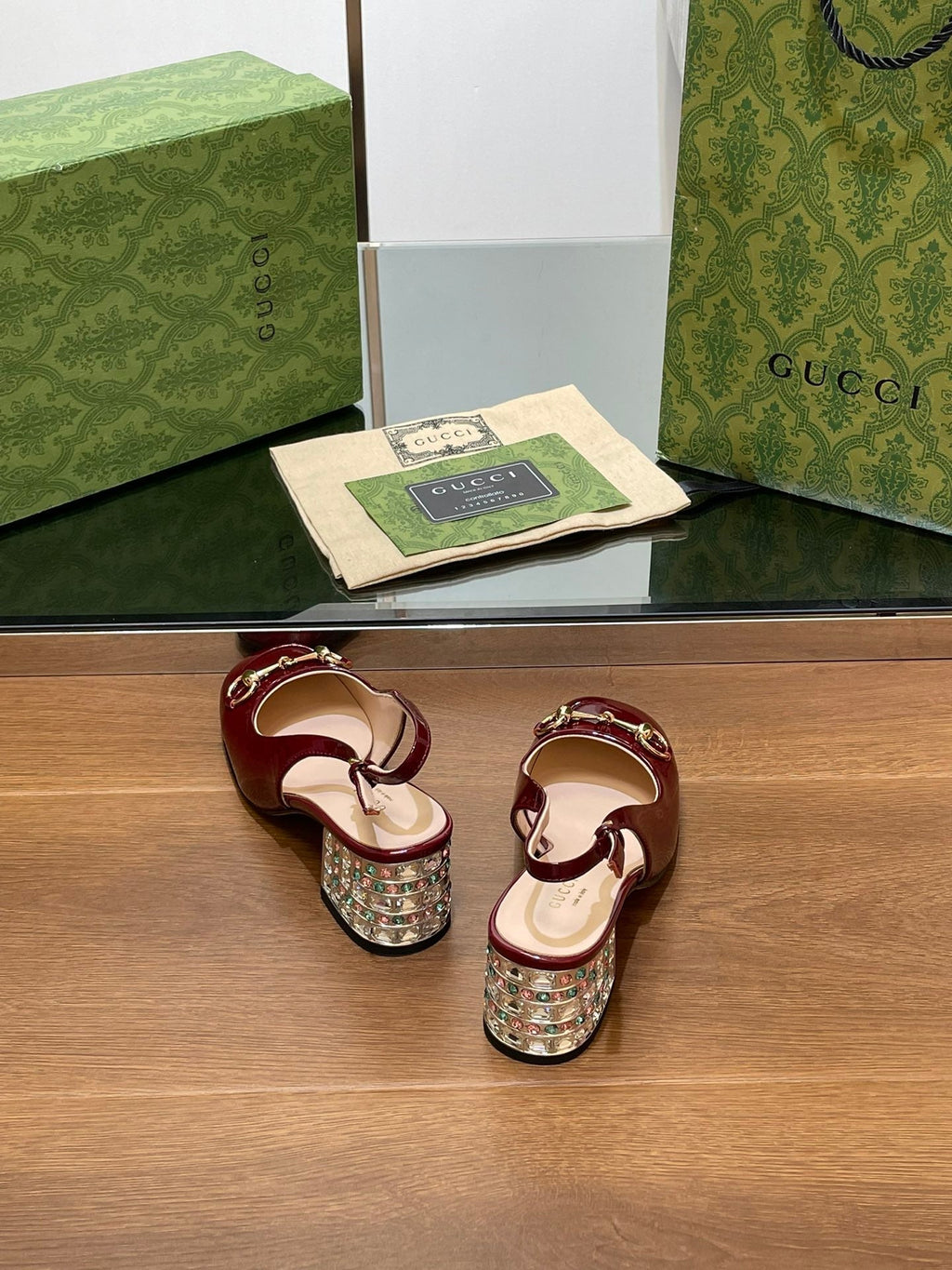 GUCCI WOMEN'S HORSEBIT SLINGBACK 55MM IN WINE RED CALFSKIN WITH RHINSTONES