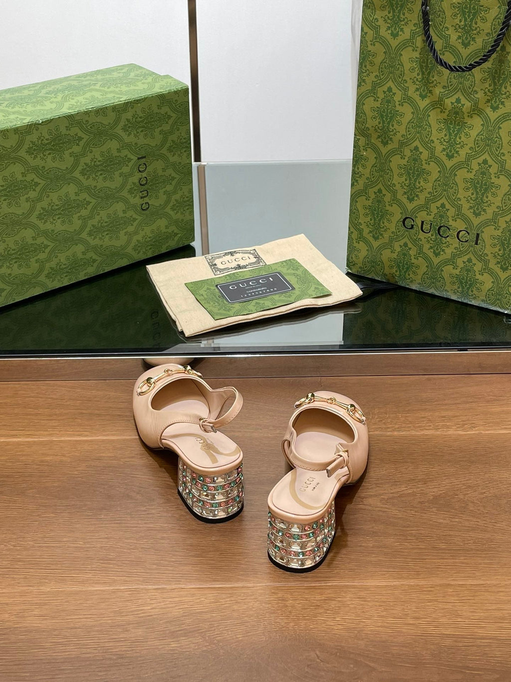 GUCCI WOMEN'S HORSEBIT SLINGBACK 55MM IN TAN BEIGE CALFSKIN WITH RHINSTONES