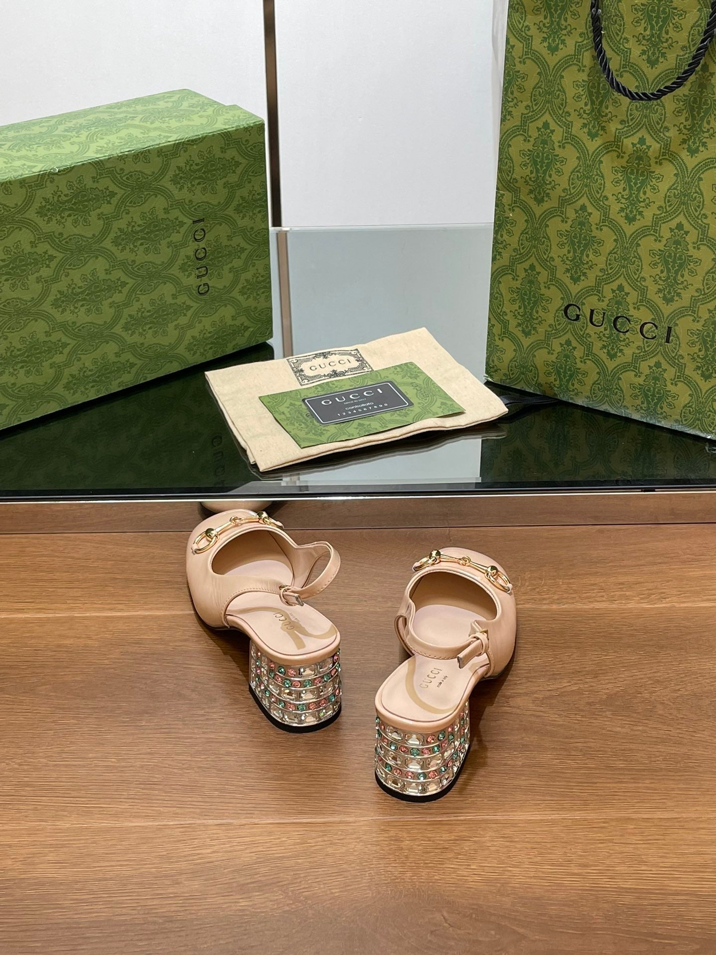 GUCCI WOMEN'S HORSEBIT SLINGBACK 55MM IN TAN BEIGE CALFSKIN WITH RHINSTONES