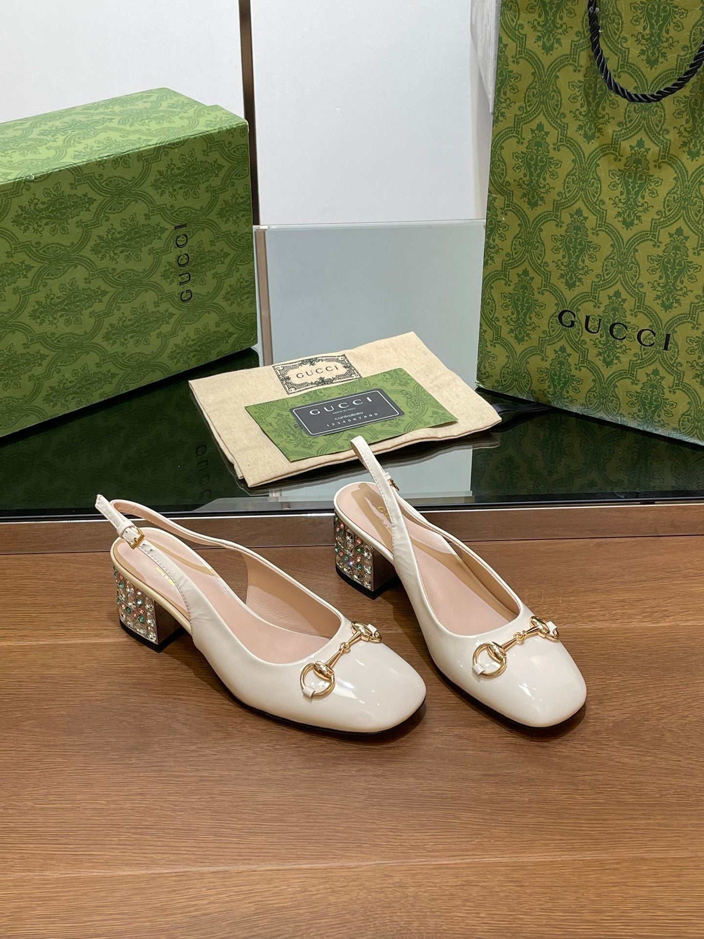 GUCCI WOMEN'S HORSEBIT SLINGBACK 55MM IN WHITE CALFSKIN WITH RHINSTONES