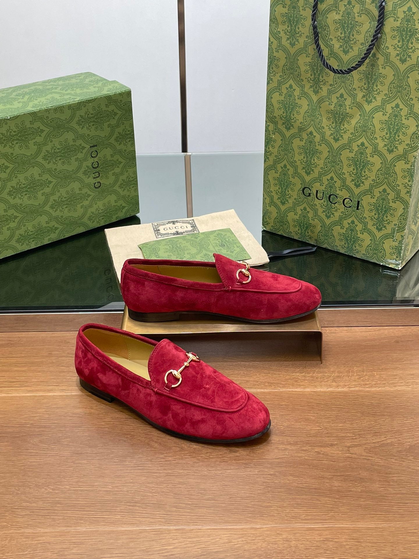 GUCCI HORSEBIT LOAFER IN CHERRY RED SUEDE WITH GOLD HARDWARE