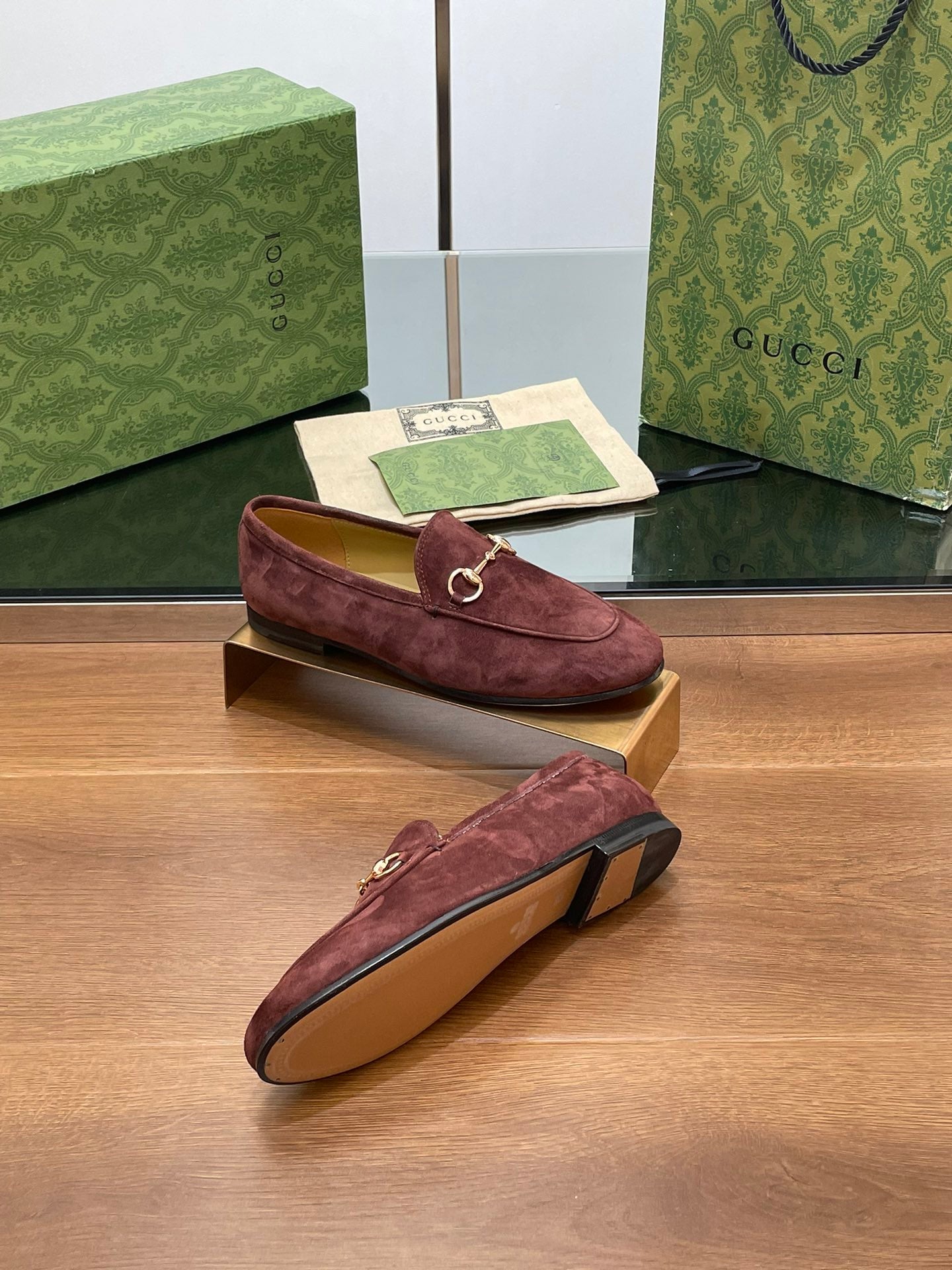 GUCCI HORSEBIT LOAFER IN UMBER BROWN SUEDE WITH GOLD HARDWARE