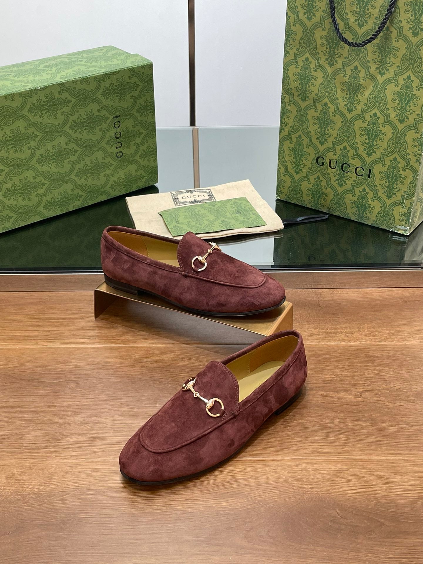 GUCCI HORSEBIT LOAFER IN UMBER BROWN SUEDE WITH GOLD HARDWARE