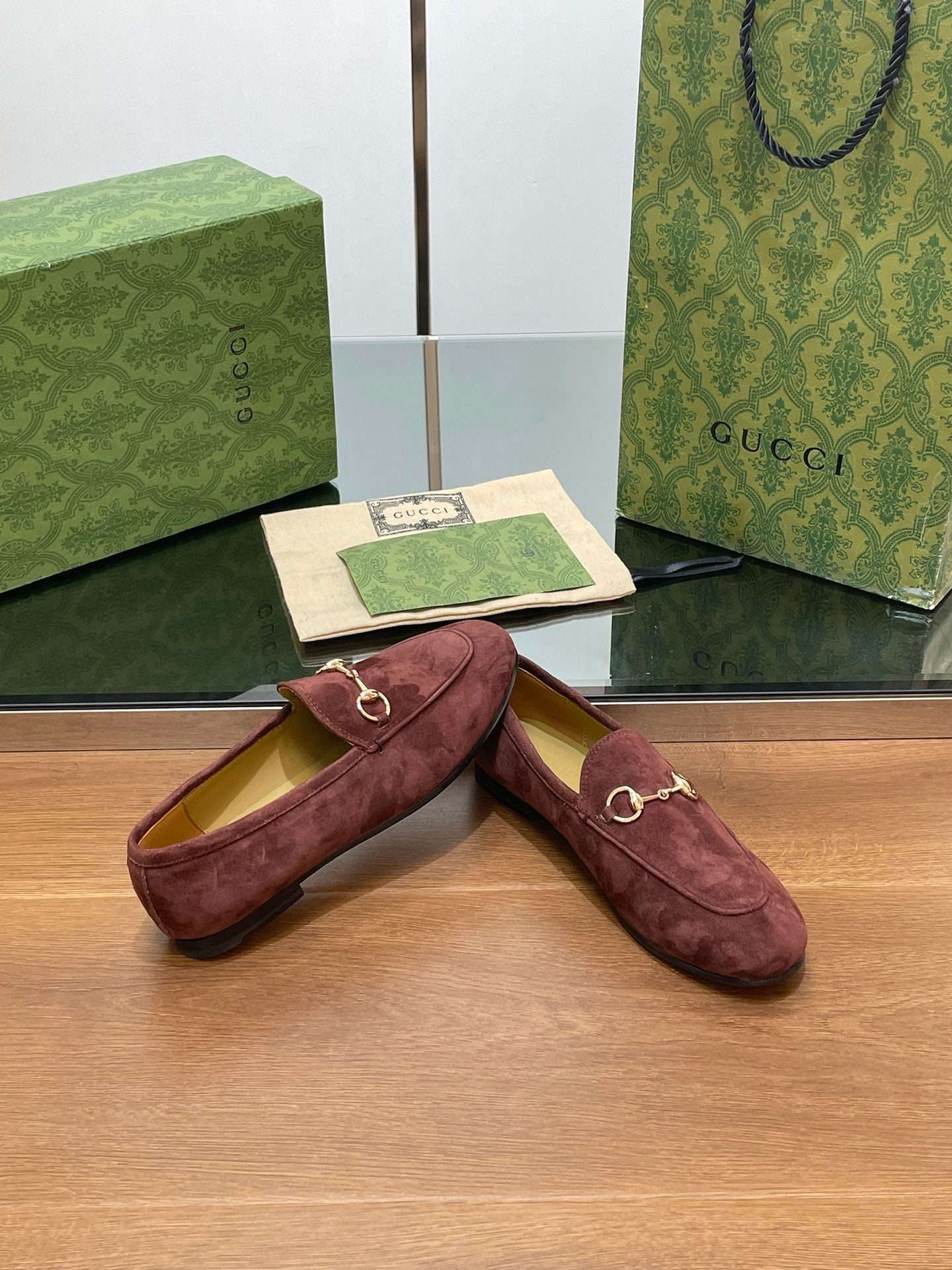 GUCCI HORSEBIT LOAFER IN UMBER BROWN SUEDE WITH GOLD HARDWARE