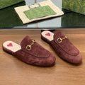 GUCCI HORSEBIT MULE IN UMBER BROWN SUEDE WITH GOLD HARDWARE