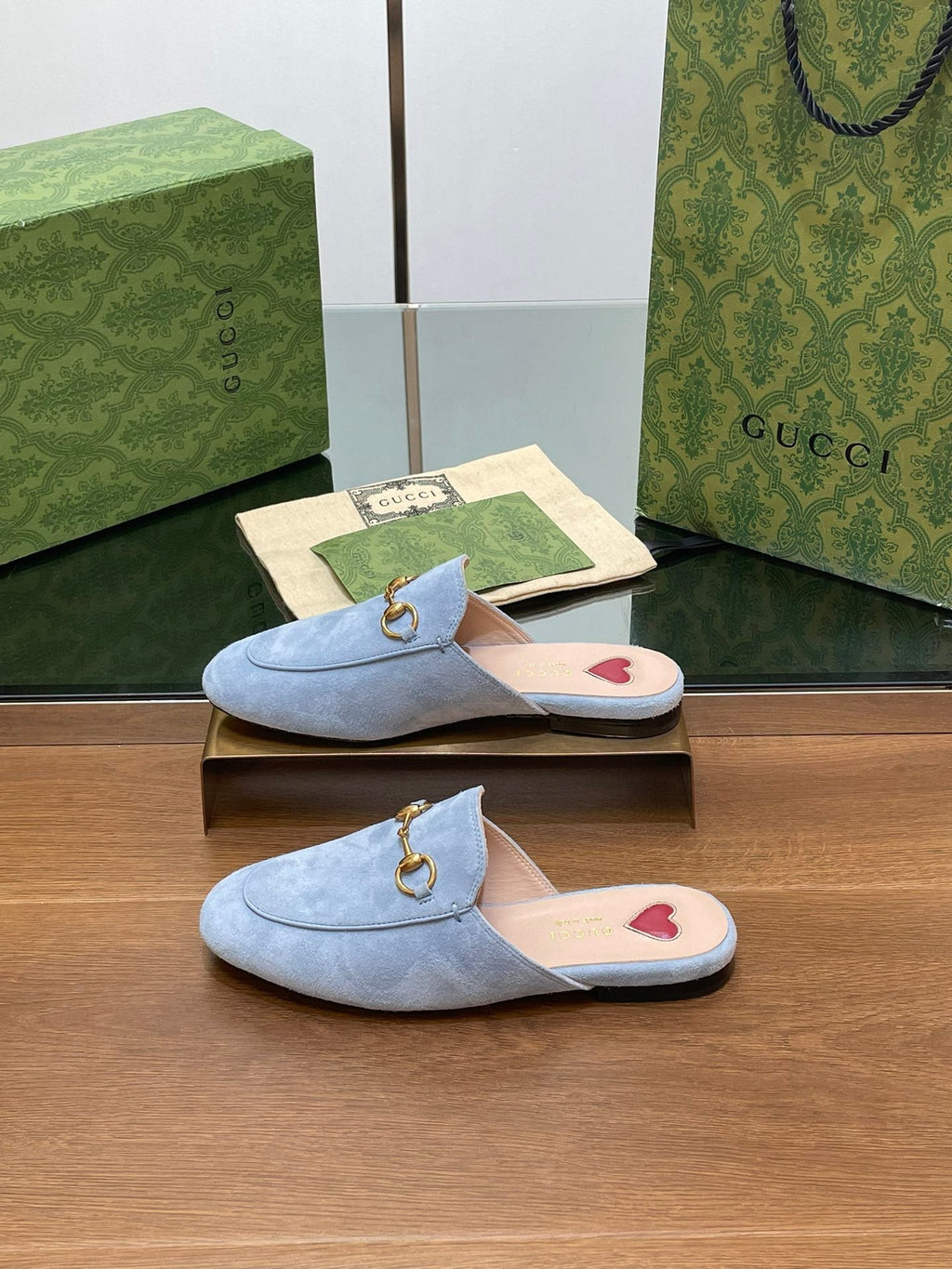GUCCI HORSEBIT MULE IN LIGHT BLUE SUEDE WITH GOLD HARDWARE