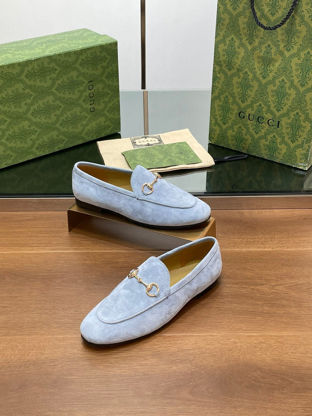 GUCCI HORSEBIT LOAFER IN LIGHT BLUE SUEDE WITH GOLD HARDWARE