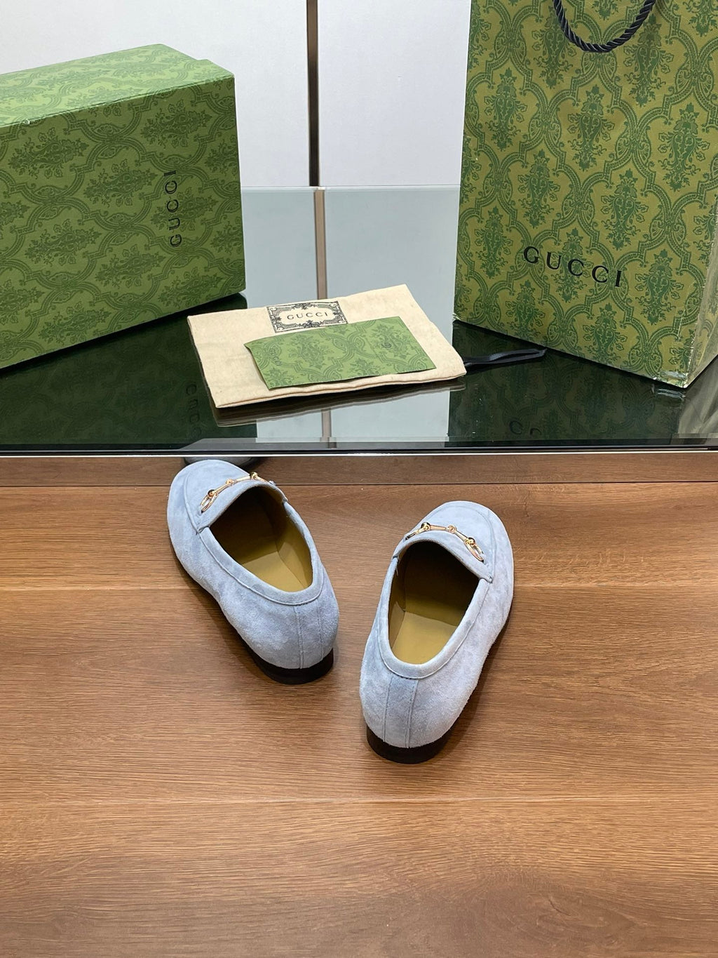 GUCCI HORSEBIT LOAFER IN LIGHT BLUE SUEDE WITH GOLD HARDWARE