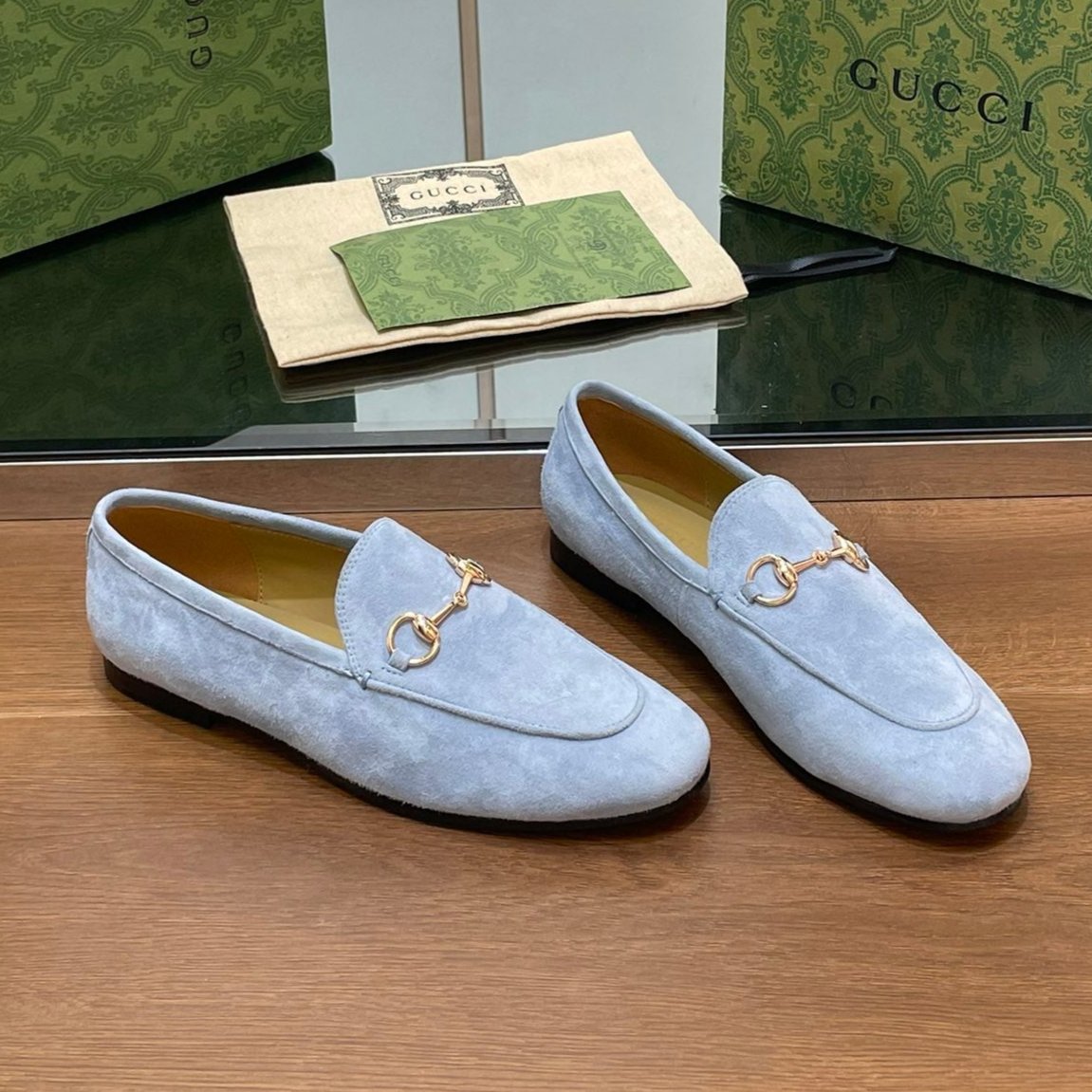 GUCCI HORSEBIT LOAFER IN LIGHT BLUE SUEDE WITH GOLD HARDWARE