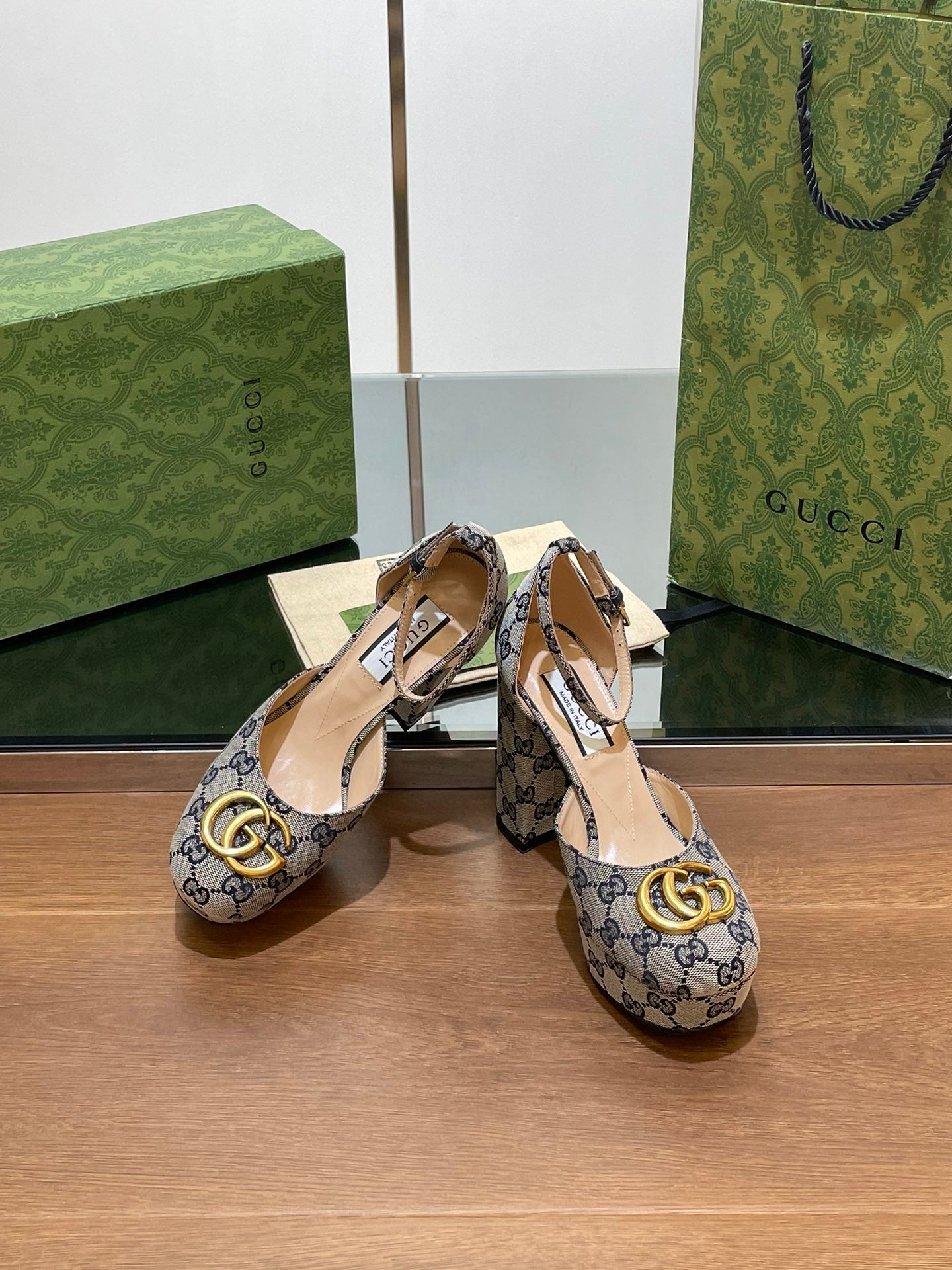 GUCCI HIGH SANDAL 11.5 CM IN BLACK MIX BEIGE MONOGRAM JACQUARD FABRIC