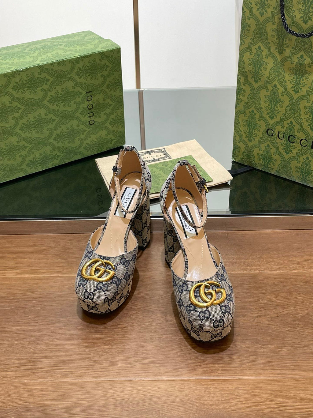 GUCCI HIGH SANDAL 11.5 CM IN BLACK MIX BEIGE MONOGRAM JACQUARD FABRIC