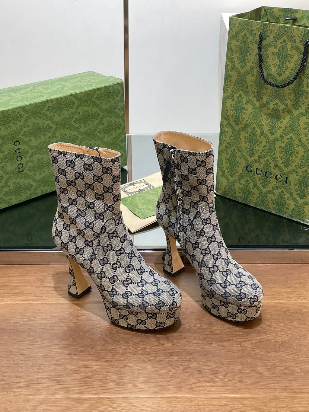 GUCCI SHORT BOOTS 11.5 CM IN BLACK MIX BEIGE MONOGRAM JACQUARD FABRIC