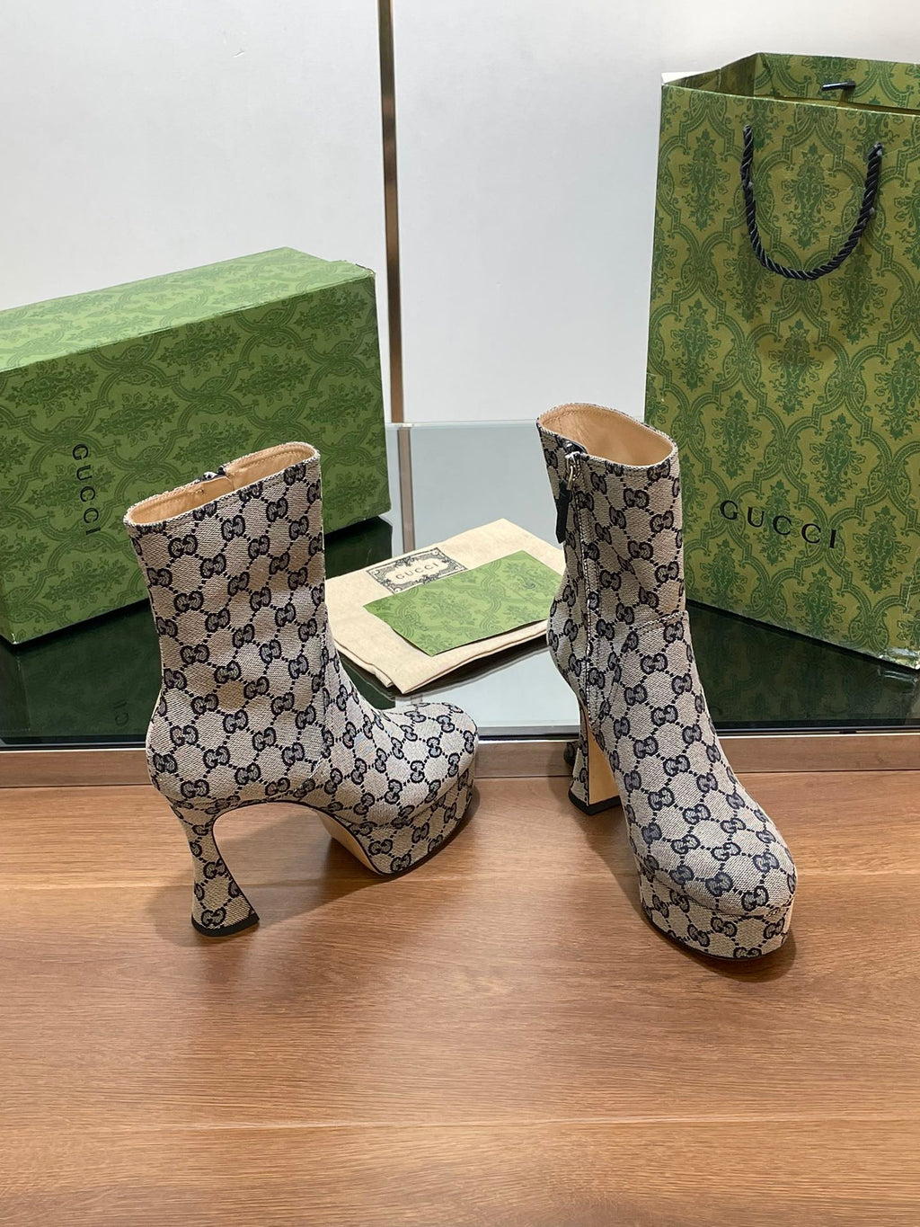 GUCCI SHORT BOOTS 11.5 CM IN BLACK MIX BEIGE MONOGRAM JACQUARD FABRIC