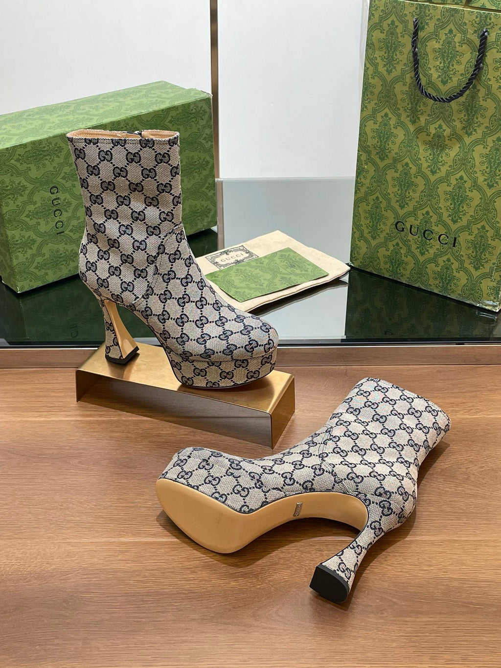 GUCCI SHORT BOOTS 11.5 CM IN BLACK MIX BEIGE MONOGRAM JACQUARD FABRIC