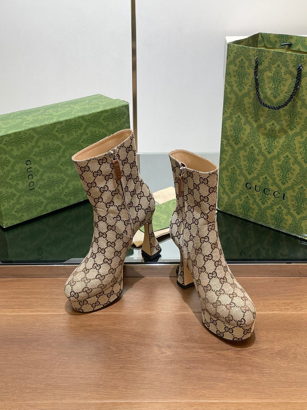 GUCCI SHORT BOOTS 11.5 CM IN CAMEL BROWN MONOGRAM JACQUARD FABRIC