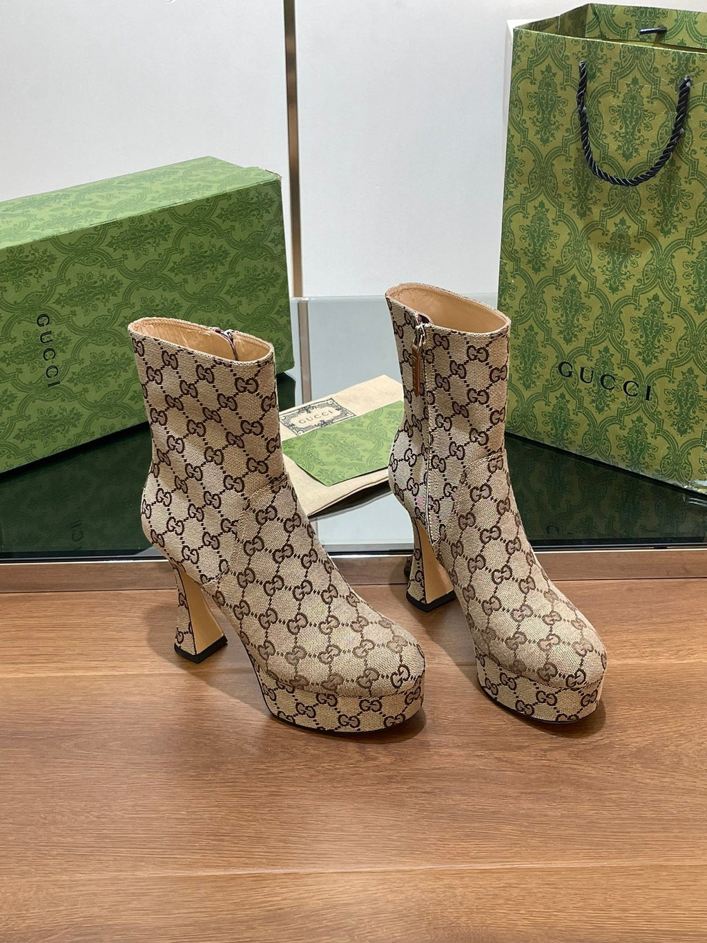 GUCCI SHORT BOOTS 11.5 CM IN CAMEL BROWN MONOGRAM JACQUARD FABRIC