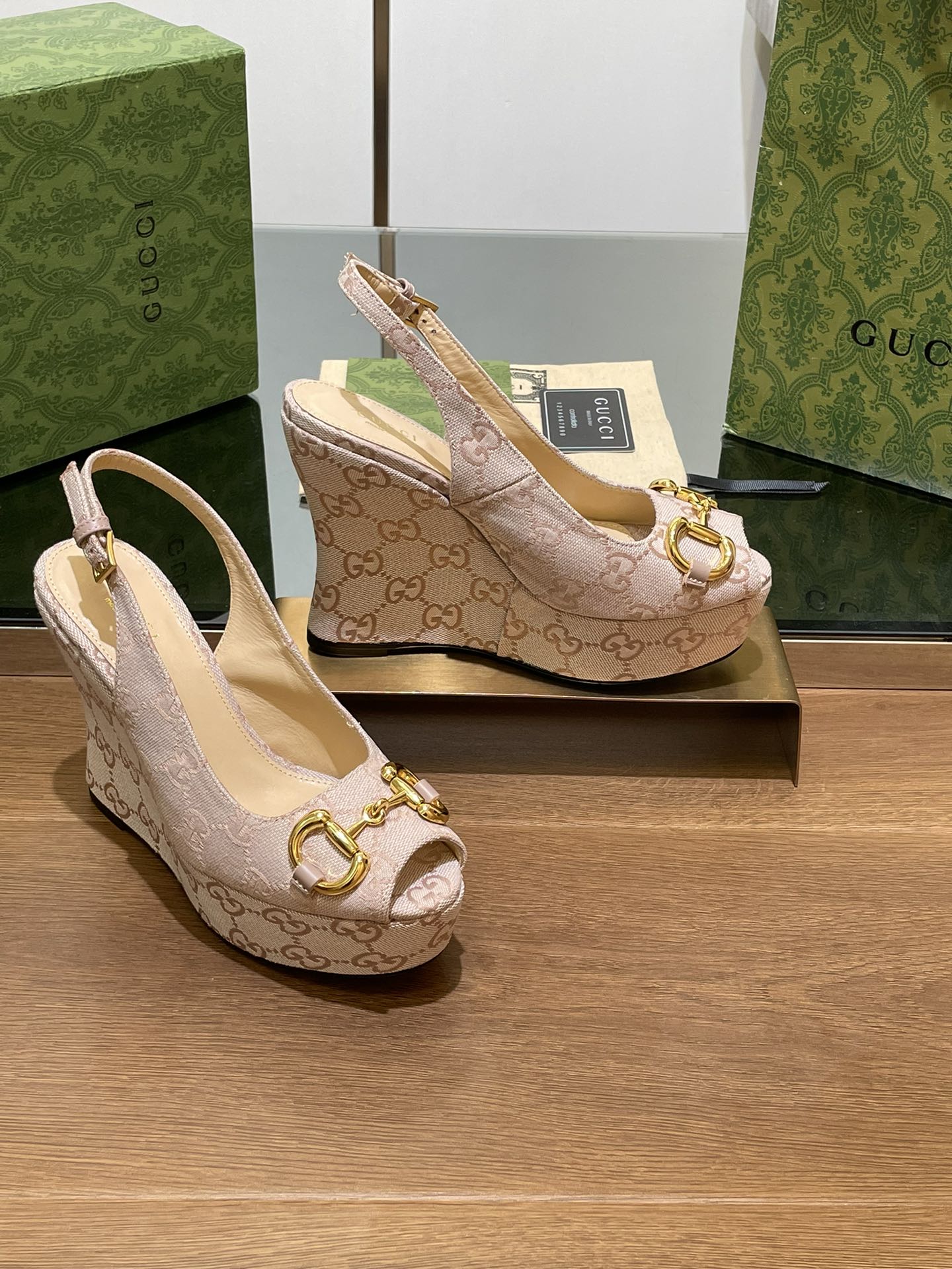 GUCCI WEDGE PLATFORM IN ALMOND BEIGE MONOGRAM JACQUARD FABRIC