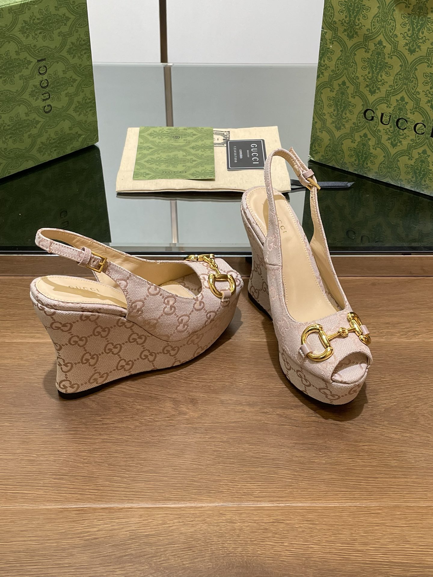 GUCCI WEDGE PLATFORM IN ALMOND BEIGE MONOGRAM JACQUARD FABRIC