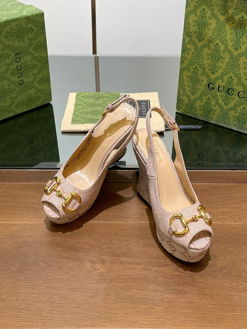 GUCCI WEDGE PLATFORM IN ALMOND BEIGE MONOGRAM JACQUARD FABRIC