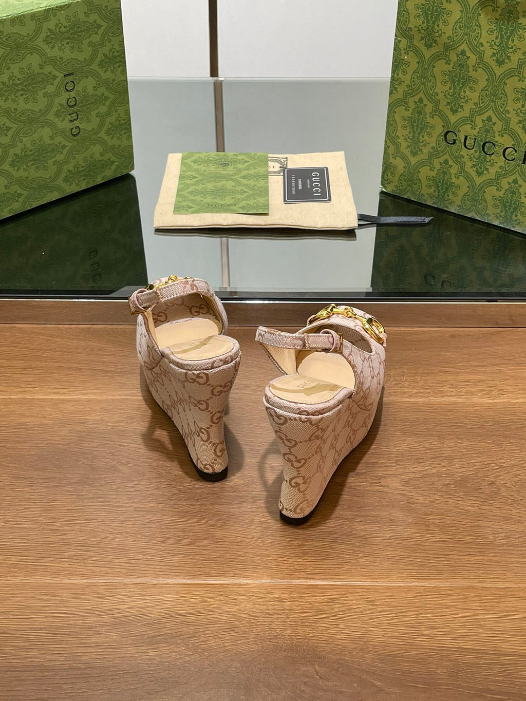 GUCCI WEDGE PLATFORM IN ALMOND BEIGE MONOGRAM JACQUARD FABRIC