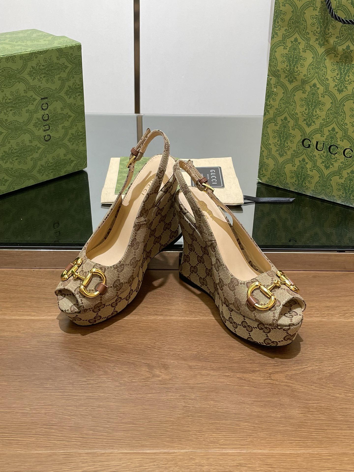 GUCCI WEDGE PLATFORM IN CAMEL BROWN MONOGRAM JACQUARD FABRIC