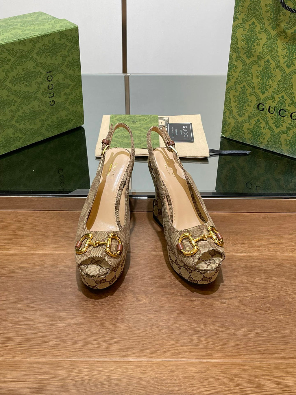 GUCCI WEDGE PLATFORM IN CAMEL BROWN MONOGRAM JACQUARD FABRIC