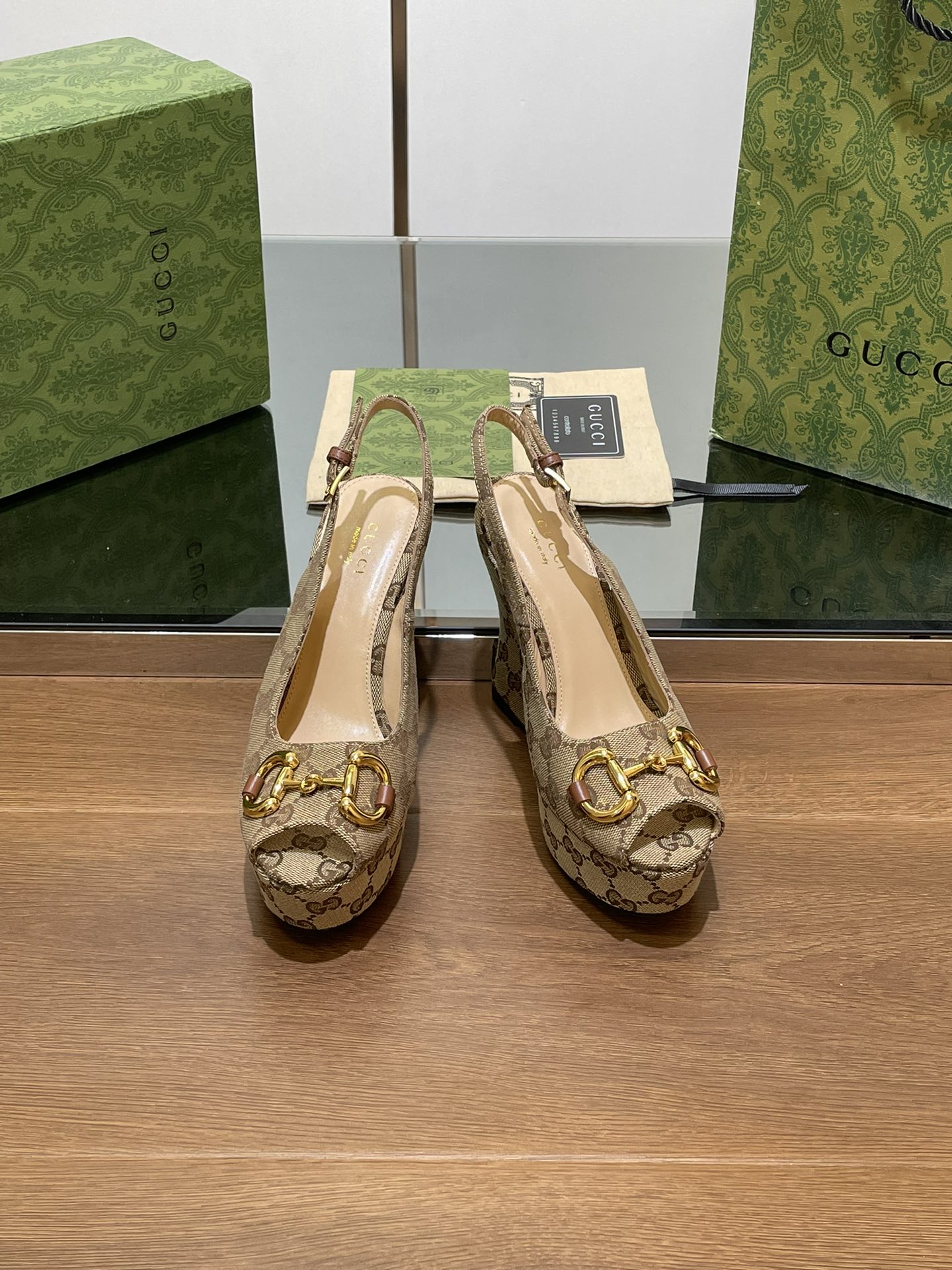 GUCCI WEDGE PLATFORM IN CAMEL BROWN MONOGRAM JACQUARD FABRIC